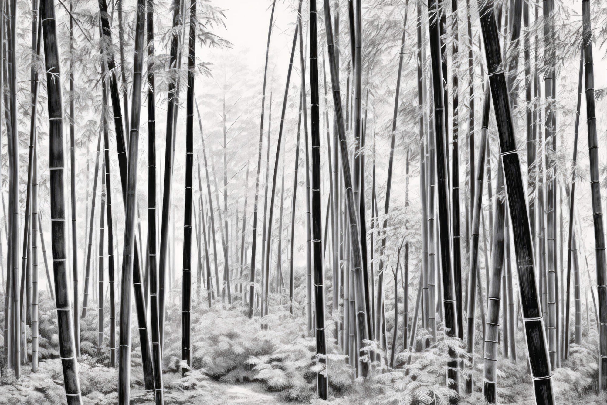 Papier Peint Forêt - Bambous Noirs sur fond blanc