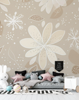 Papier peint floral - Fleurs beiges aux pétales fins