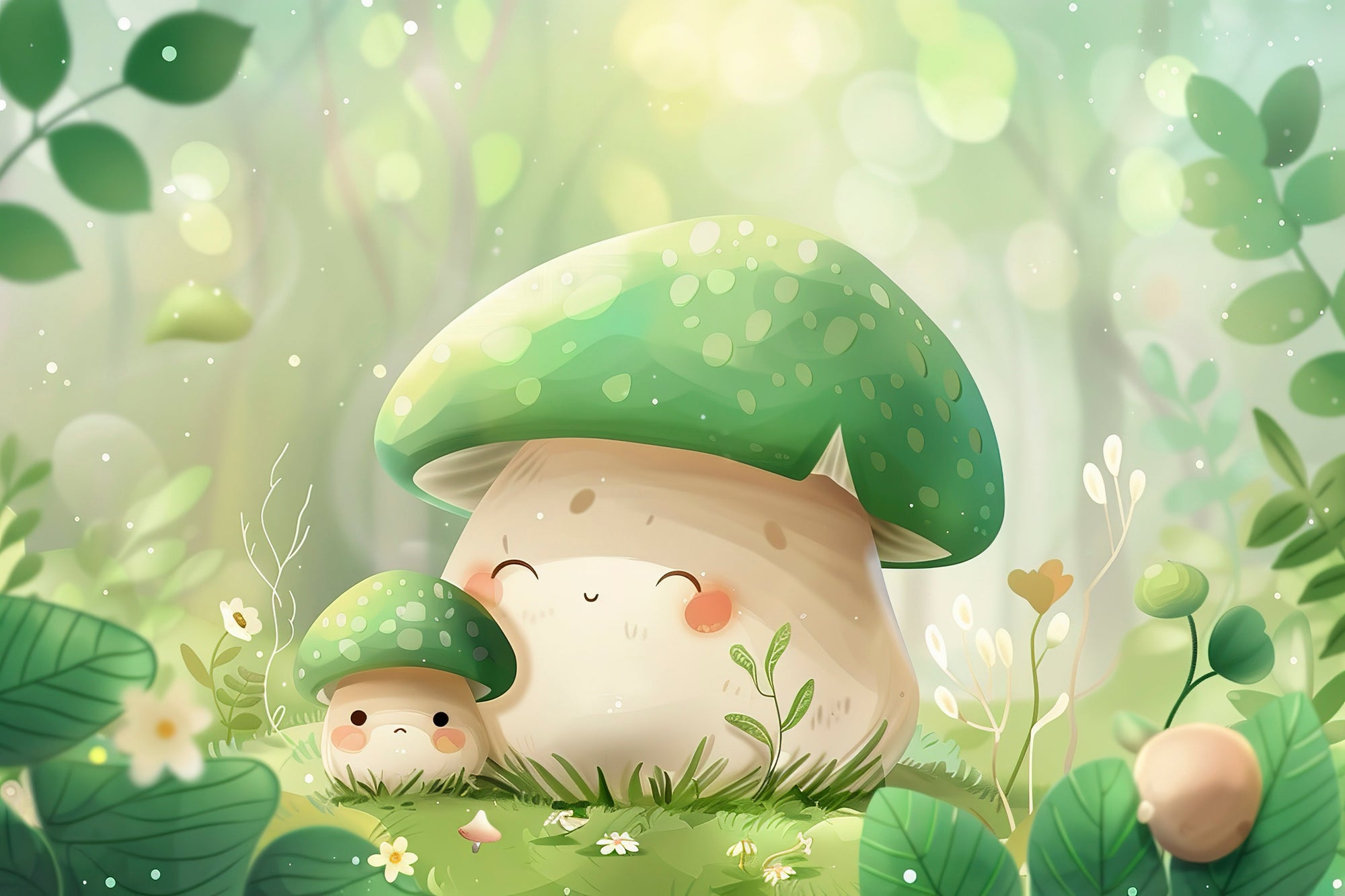 Papier Peint Enfant – Famille de Champignons dans la Forêt Lumineuse