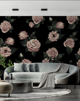 Papier peint vintage - Roses sur fond noir