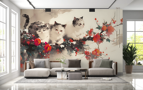Wallpaper animals - small white cats and red flowers