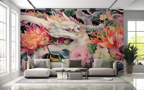 Animal wallpaper - white dragon amidst pink flowers