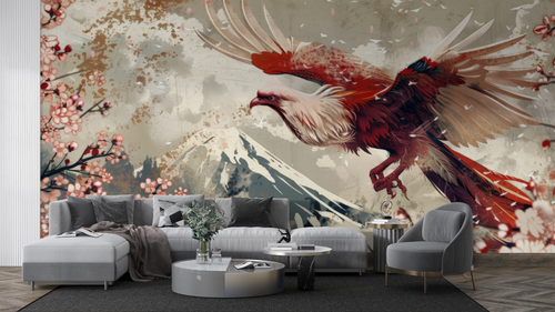 Animal wallpaper - red eagle flying over foggy mountains