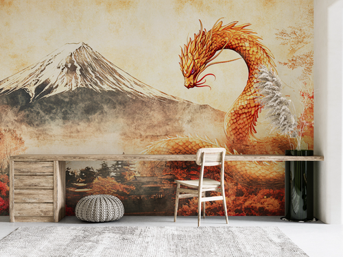 Animal wallpaper - golden dragon flying near Mount Fuji