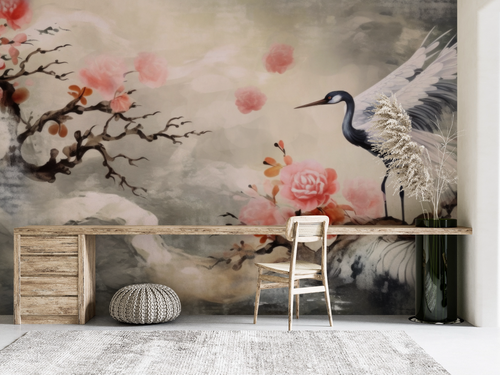 Animal wallpaper - white heron in the heart of flowering branches