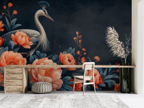 Animal wallpaper - blue peacocks among orange peonies