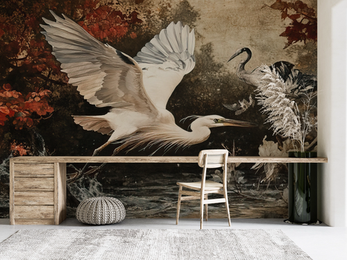 Animal wallpaper - white egrets by the water in a print style