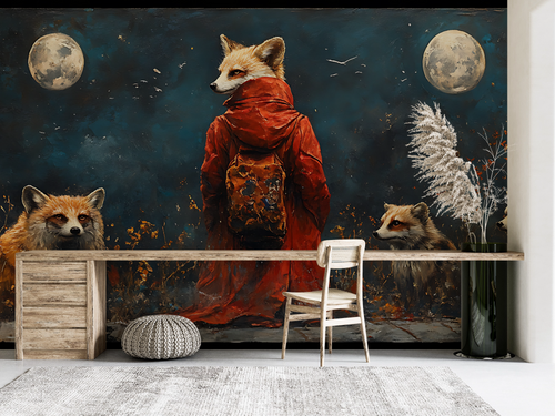 Animal wallpaper - foxes in coats under the moon