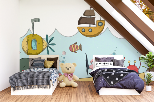 Children's wallpaper - little boats and fish under the sea