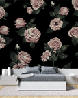 Papier peint vintage - Roses sur fond noir