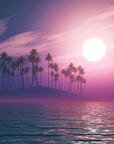 Papier Peint Paysage - Île aux Palmiers sous Lune Magenta