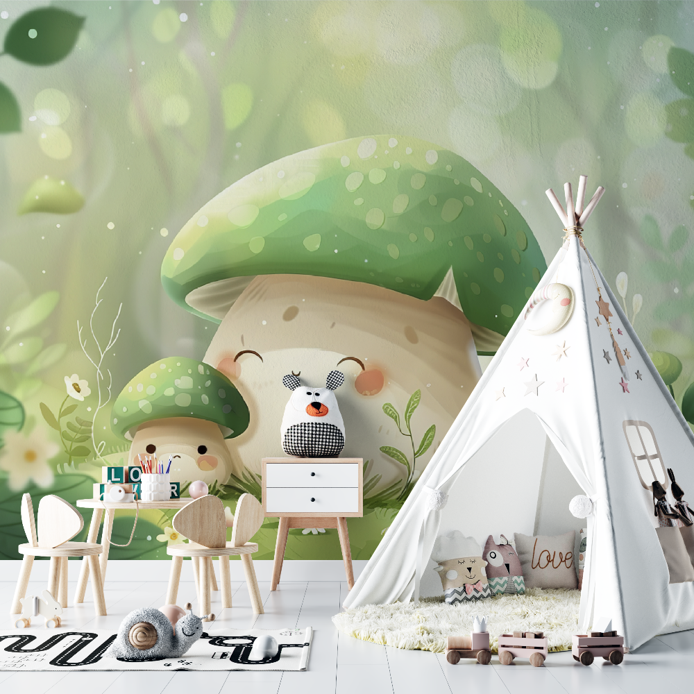 Papier Peint Enfant – Famille de Champignons dans la Forêt Lumineuse