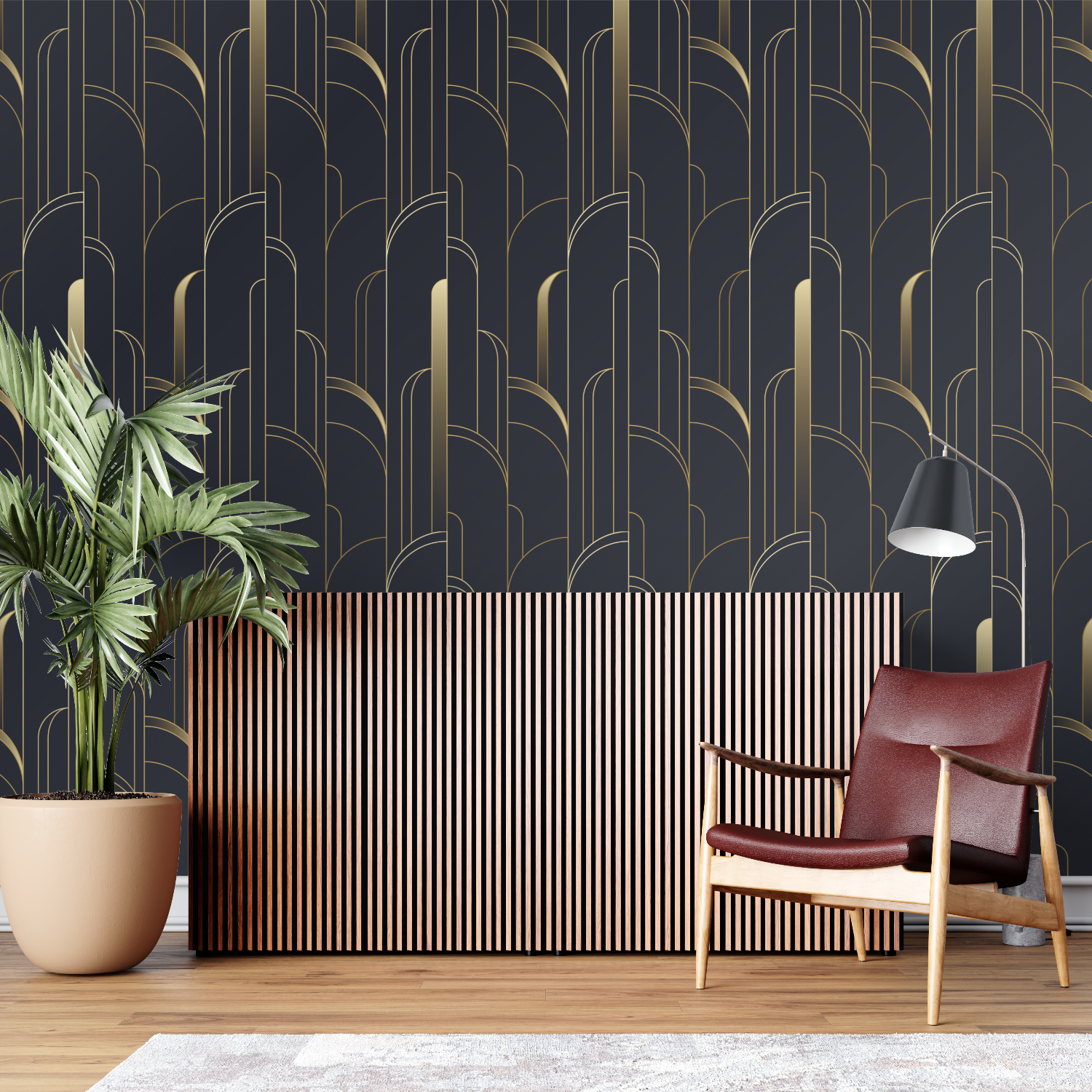 Papier Peint Géométrique - Motif Art Déco en Arches Dorées