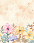 Papier peint floral - Fleurs roses, jaunes et bleues sur fond beige