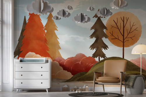 Children's wallpaper - autumn forest in warm colors