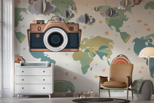 Children's wallpaper - camera and pastel world map