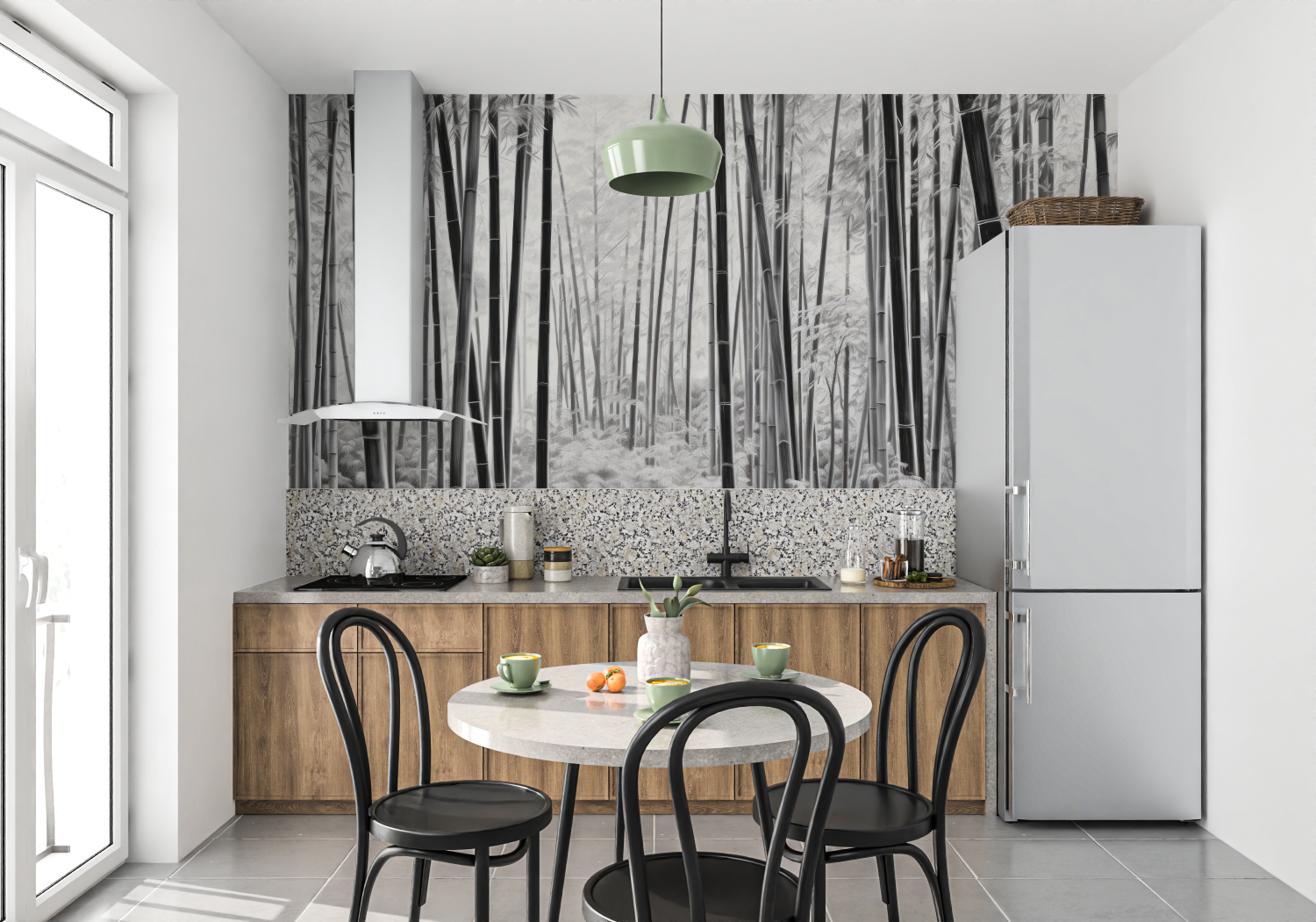 Papier Peint Forêt - Bambous Noirs sur fond blanc