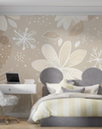 Papier peint floral - Fleurs beiges aux pétales fins
