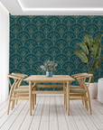 Papier peint art déco - Éventails géométriques bleus et dorés