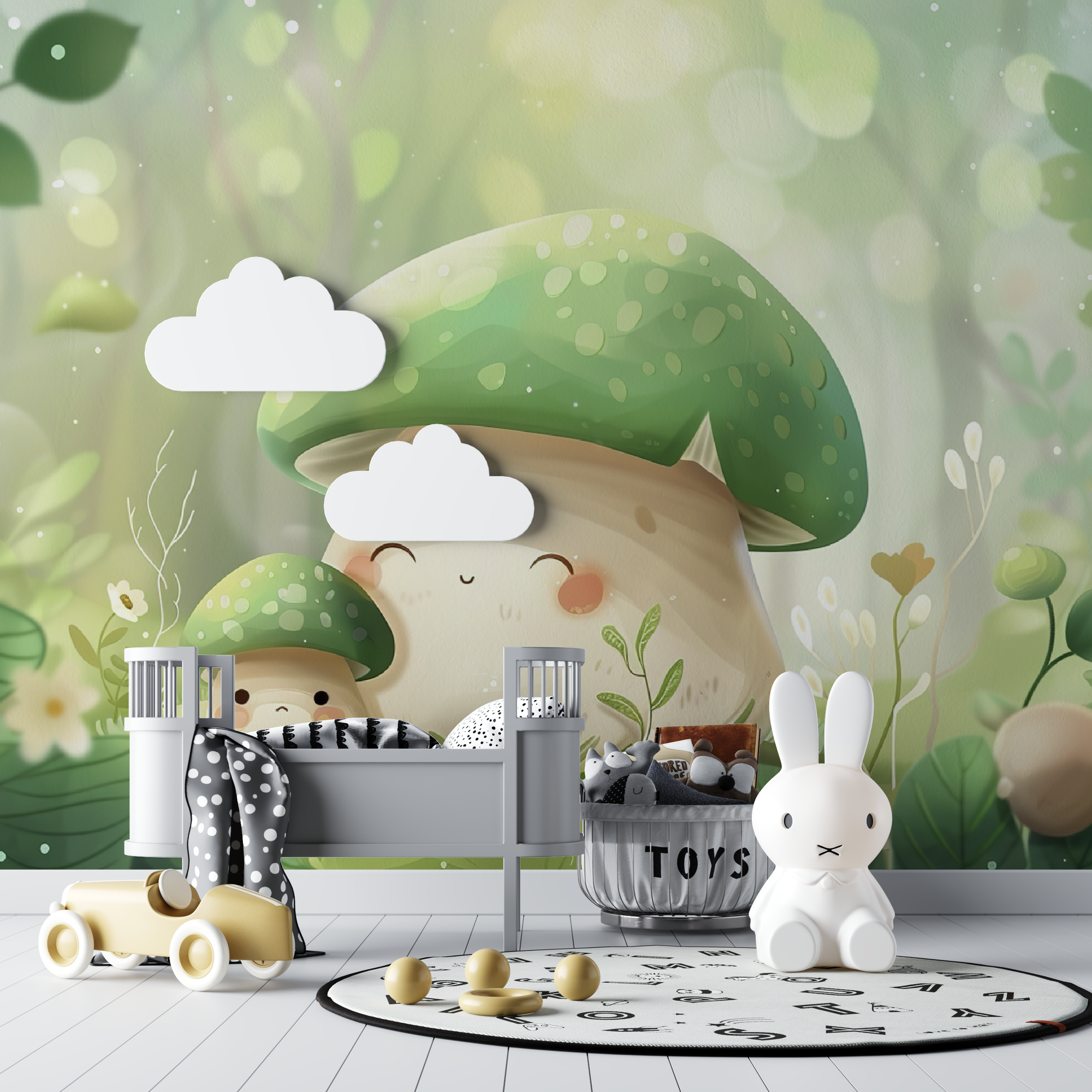 Papier Peint Enfant – Famille de Champignons dans la Forêt Lumineuse