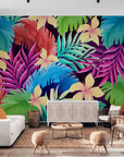 Papier peint tropical - Fleurs et feuilles colorées