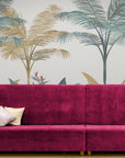 Papier peint tropical - Palmiers et feuillage aux couleurs pastel