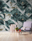 Papier peint géométrique - Motif effet marbre vert et blanc