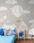 Papier Peint Enfant - Montgolfières Et Montagnes Roses