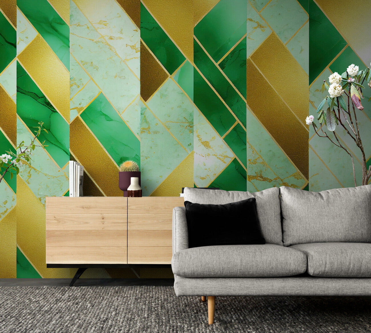 Papier Peint Géométrique - Marbre Vert et Doré