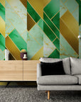 Papier peint géométrique - Triangles verts et dorés effet marbre