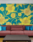 Papier peint floral - Fleurs jaunes sur fond bleu