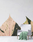 Papier peint feuillage - Grandes feuilles beiges et vertes