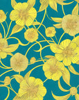 Papier peint floral - Fleurs jaunes sur fond bleu