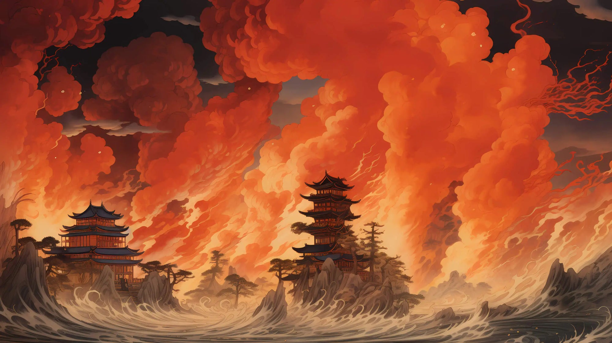 Papier Peint Japonais - Temple en Flammes