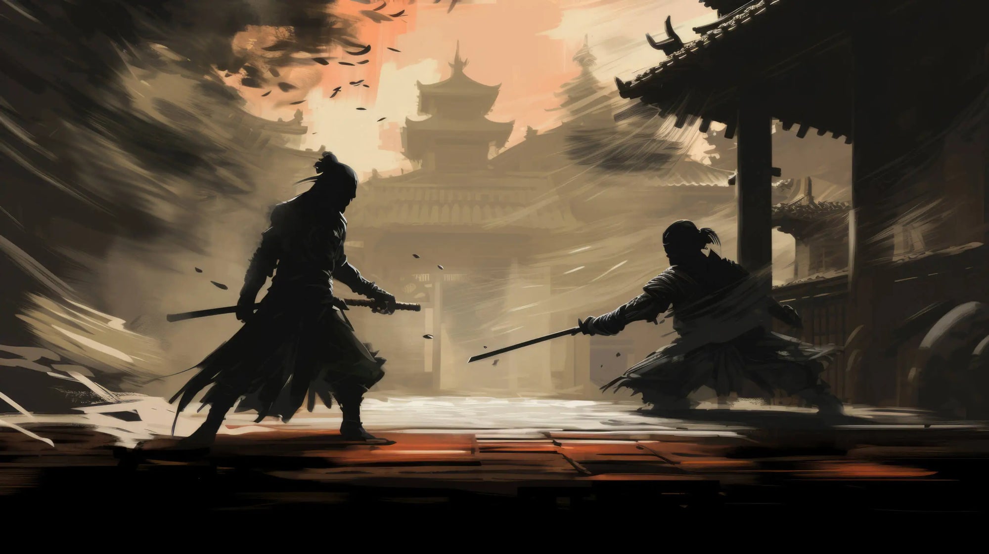 Papier Peint Japonais - Duel Silencieux dans un Temple