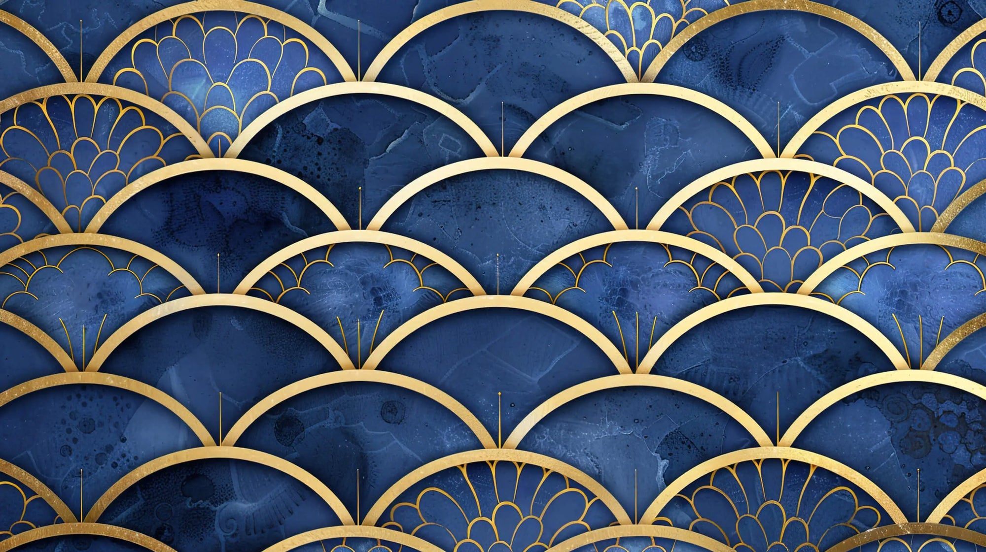 Papier Peint Japonais - Motifs Éventails Bleu Profond