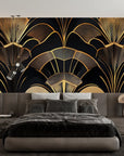 Papier peint art déco - Grands éventails noirs et dorés