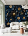 Papier peint floral - Fleurs abstraites bleu et or