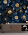 Papier peint floral - Fleurs abstraites bleu et or
