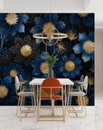 Papier peint floral - Fleurs abstraites bleu et or