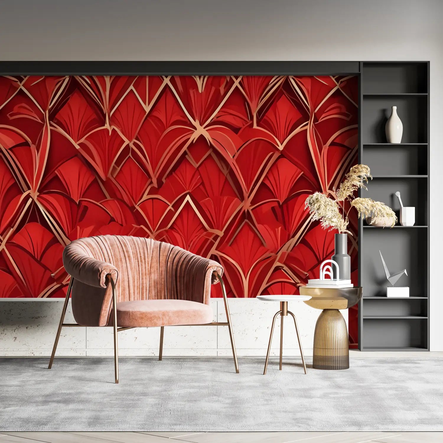 Papier Peint Géométrique - Motifs Art Déco Rouge