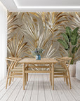 Papier peint tropical - Palmes dorées sur un fond beige