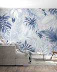 Papier Peint Tropical - Fleurs et Feuilles Blanches et Bleues