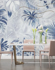 Papier Peint Tropical - Fleurs et Feuilles Blanches et Bleues