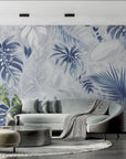 Papier Peint Tropical - Fleurs et Feuilles Blanches et Bleues
