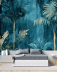 Papier peint tropical - Palmiers bleus et dorés sur fond turquoise
