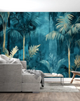 Papier peint tropical - Palmiers bleus et dorés sur fond turquoise