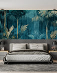 Papier peint tropical - Palmiers bleus et dorés sur fond turquoise