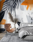 Papier Peint Noir et Blanc - Feuilles Graphiques Orange