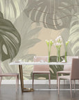 Papier peint tropical - Grandes feuilles de monstera vertes et beiges